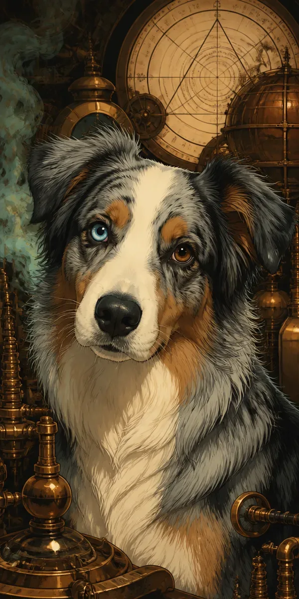 Custom anime-style portrait of an Australian Shepherd among brass alchemical machinery