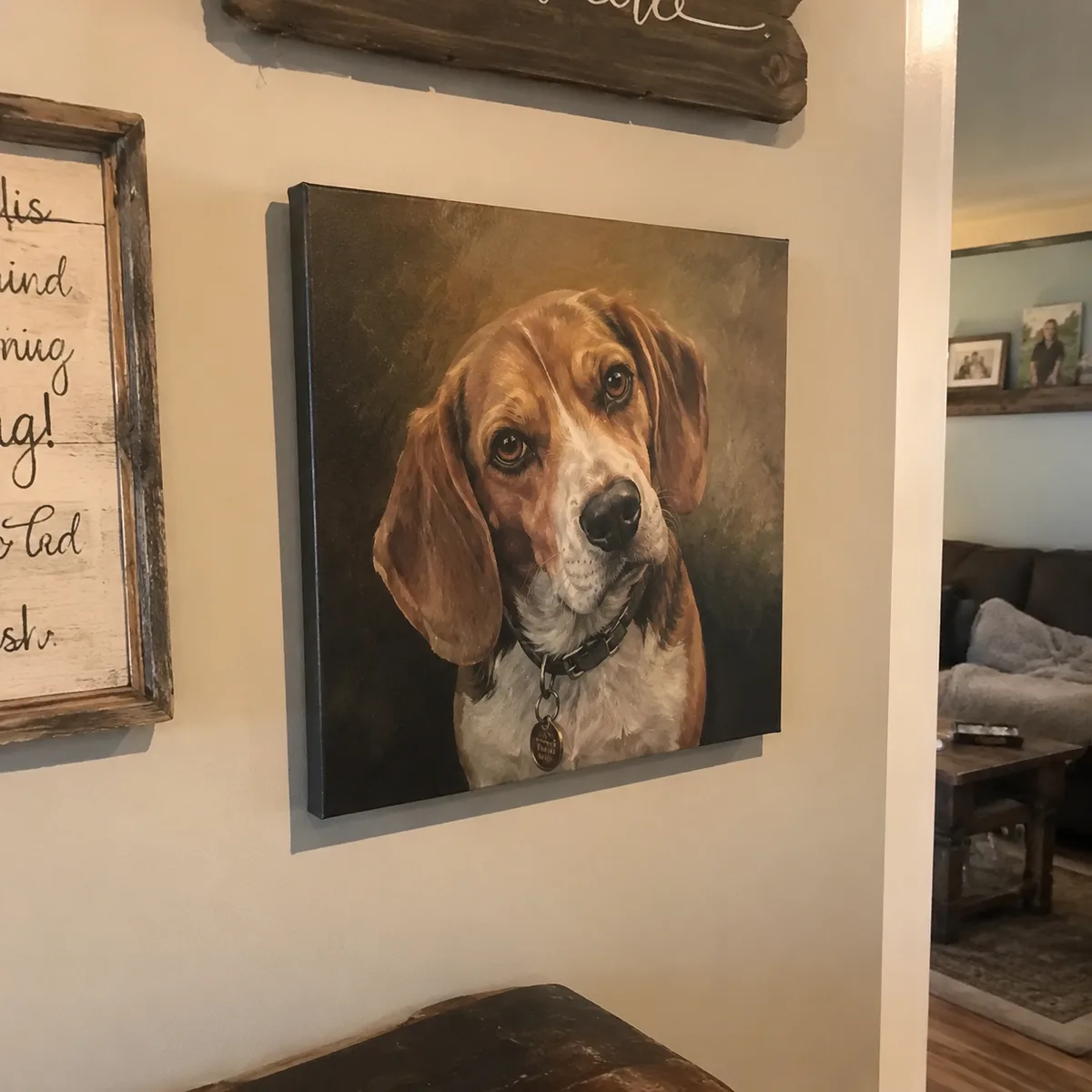 Beagle oil painting portrait hanging on wall