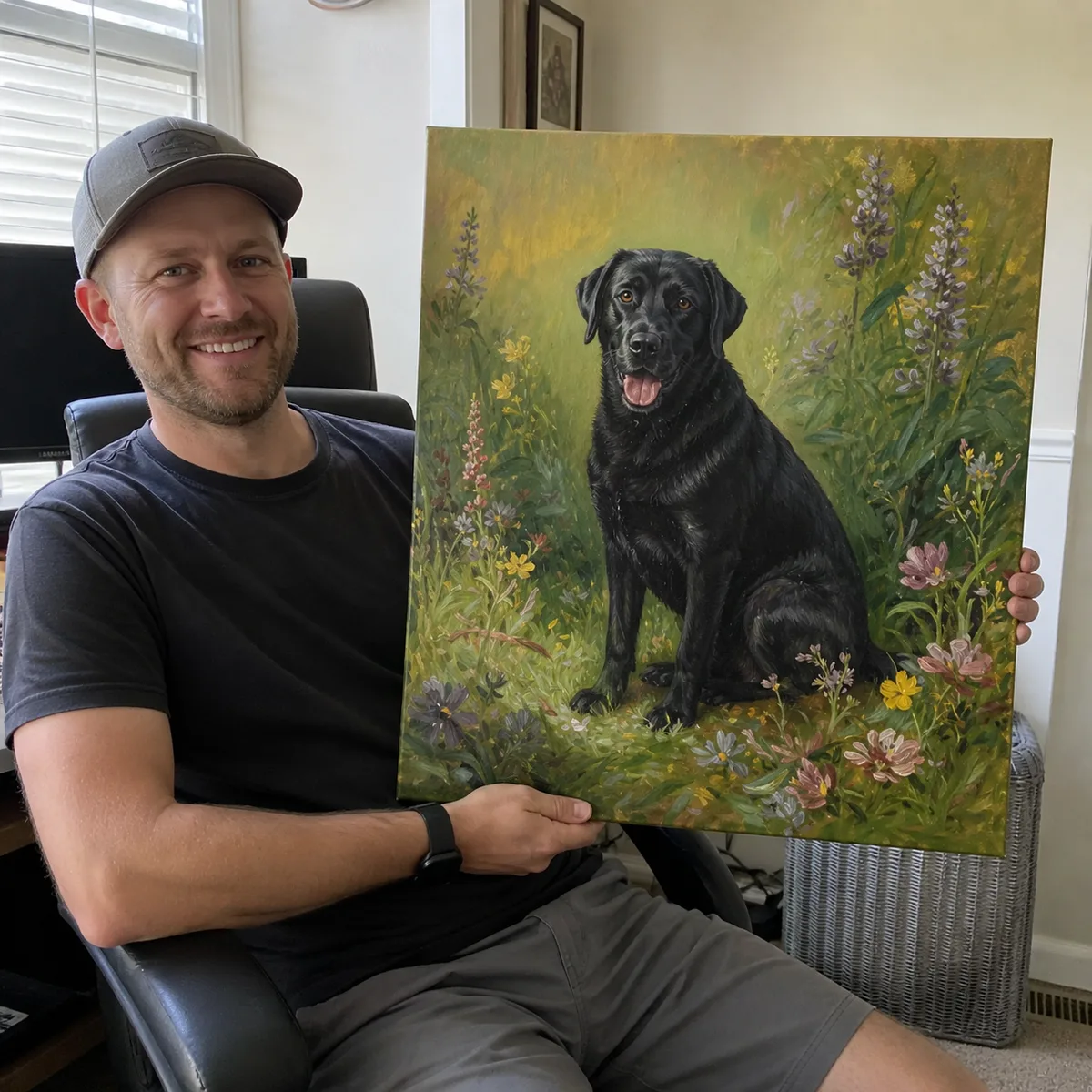 Customer holding black lab oil painting canvas portrait