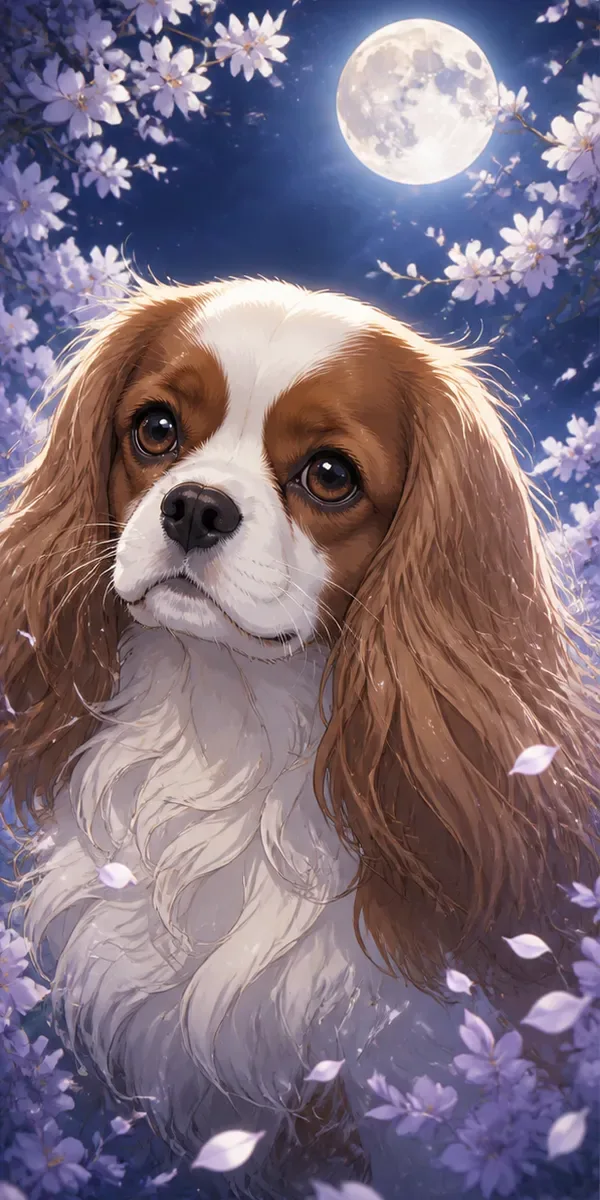 Custom anime-style portrait of a Cavalier King Charles Spaniel under a full moon