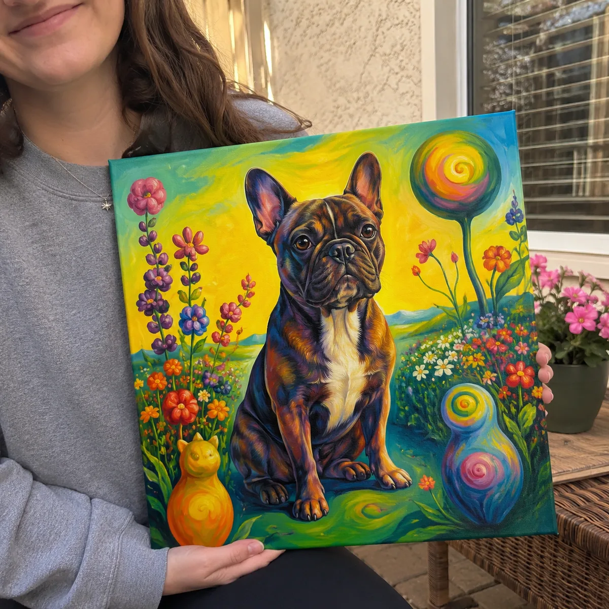 Customer holding French bulldog surrealist canvas portrait
