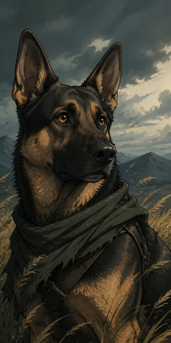 Custom anime-style portrait of a German Shepherd on a windswept ridge