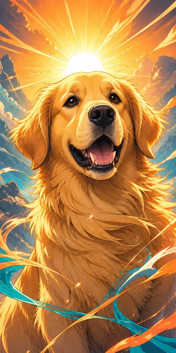 Custom anime-style portrait of a Golden Retriever beneath a bright sunburst