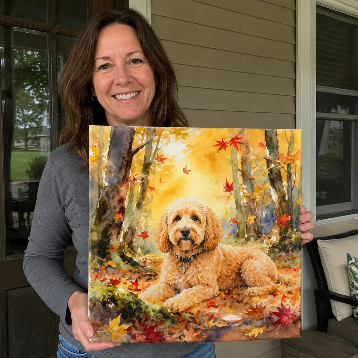 Customer holding goldendoodle watercolor canvas portrait