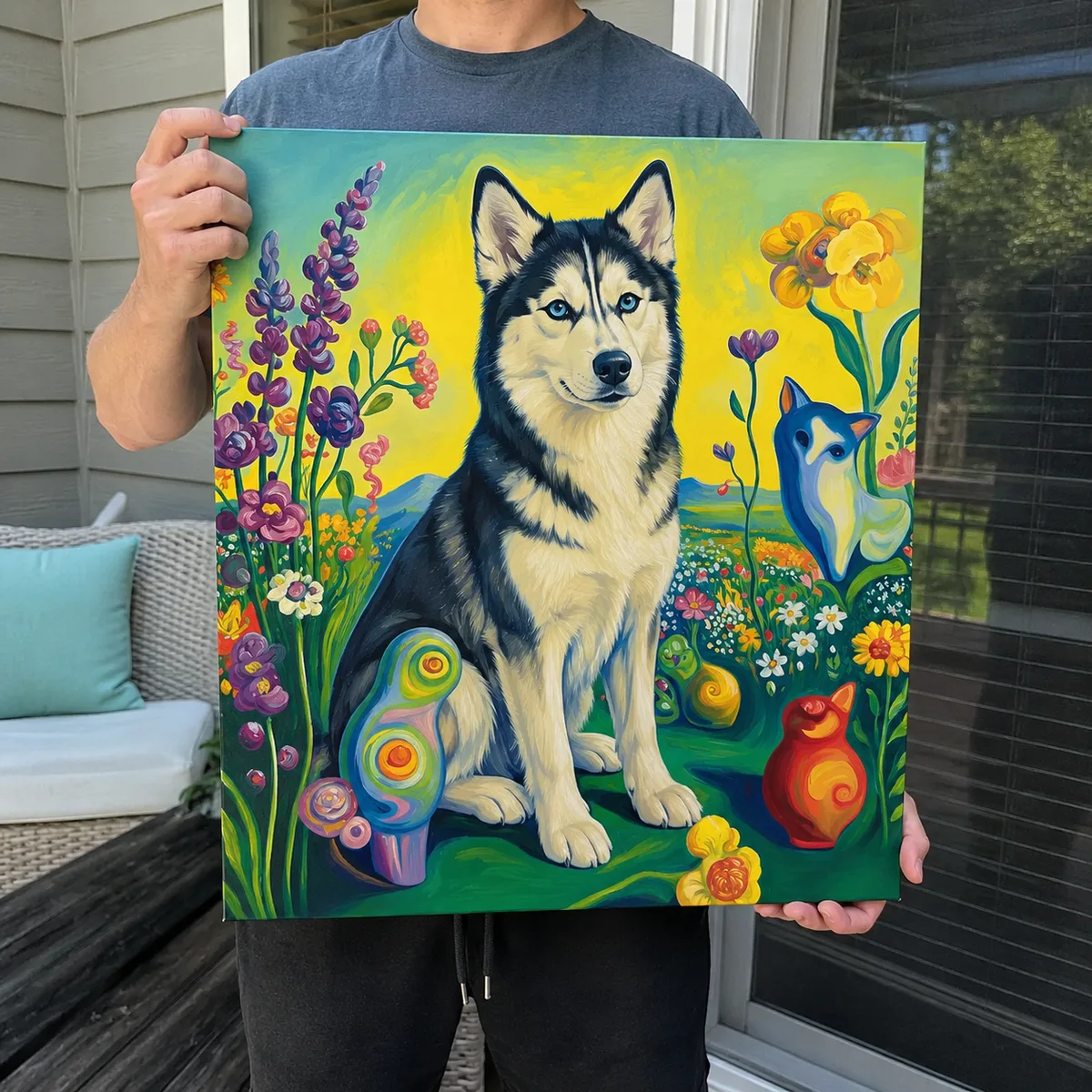 Customer holding husky surrealist canvas portrait