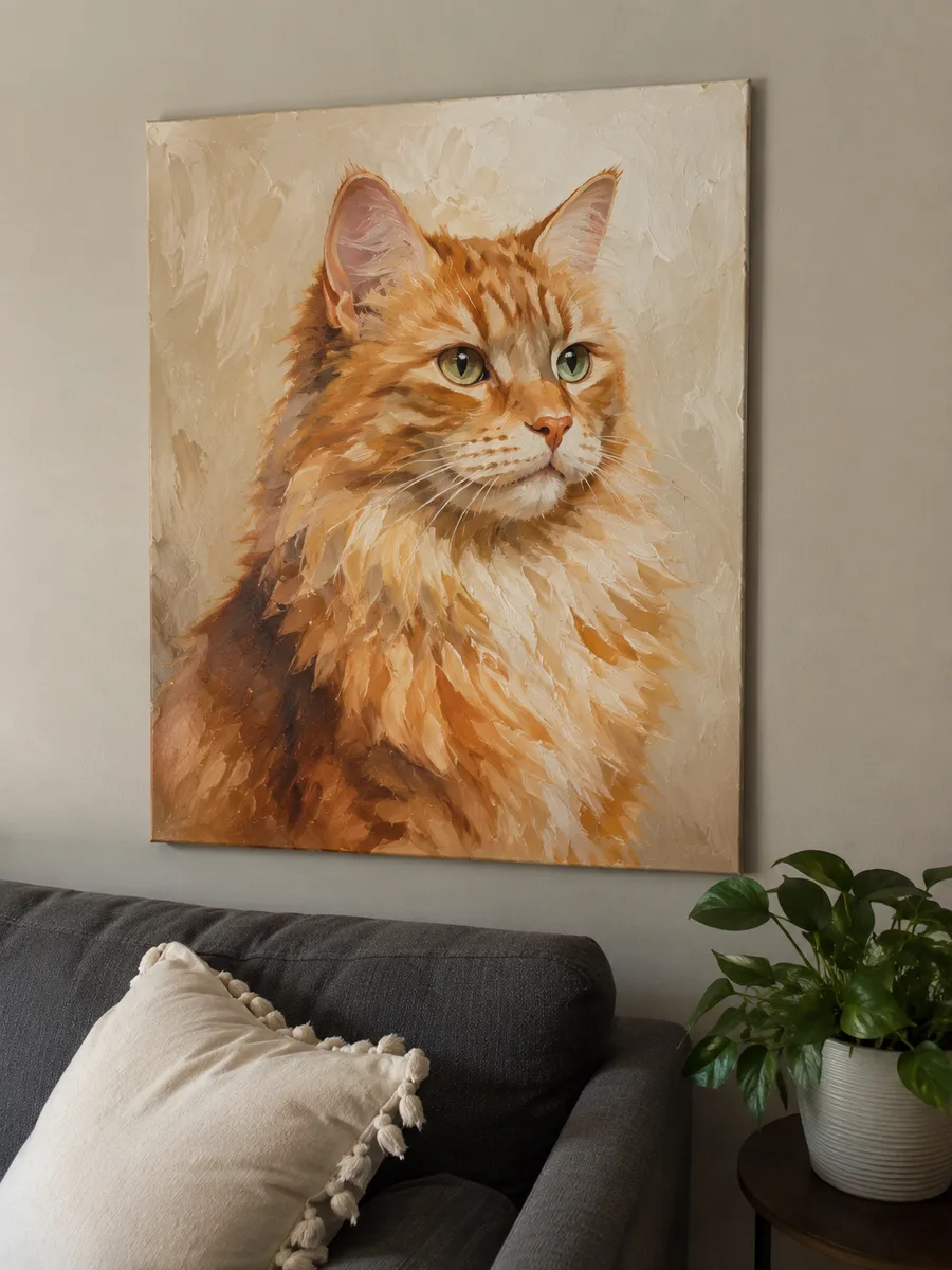 Orange cat oil painting portrait hanging on wall