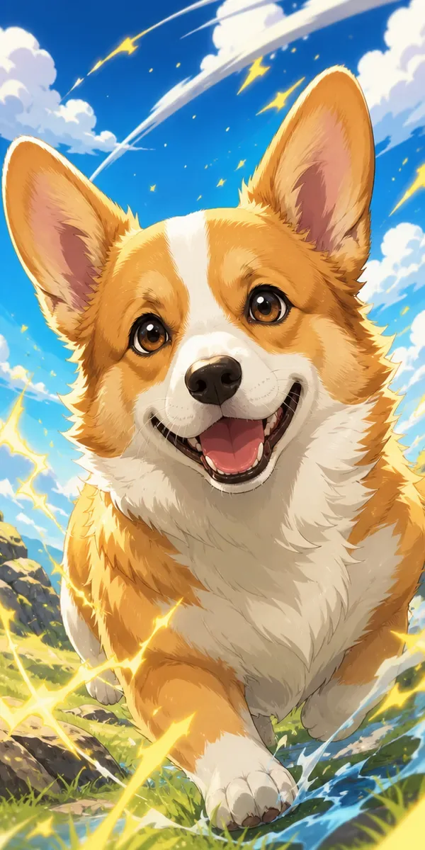 Custom anime-style portrait of a Pembroke Welsh Corgi with bright electric sparks