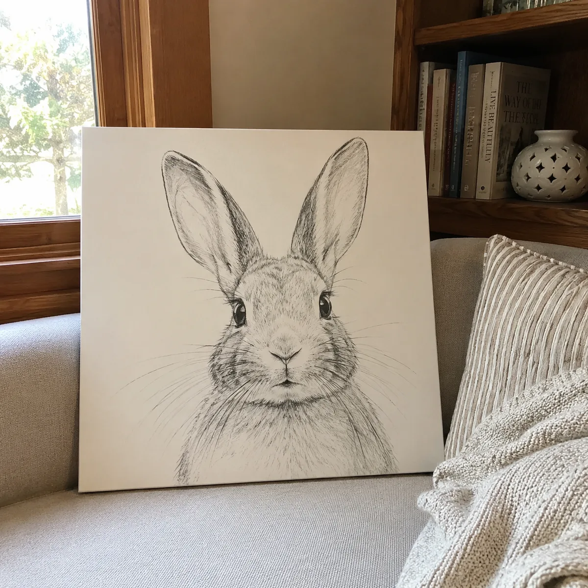 Rabbit pencil sketch portrait on canvas