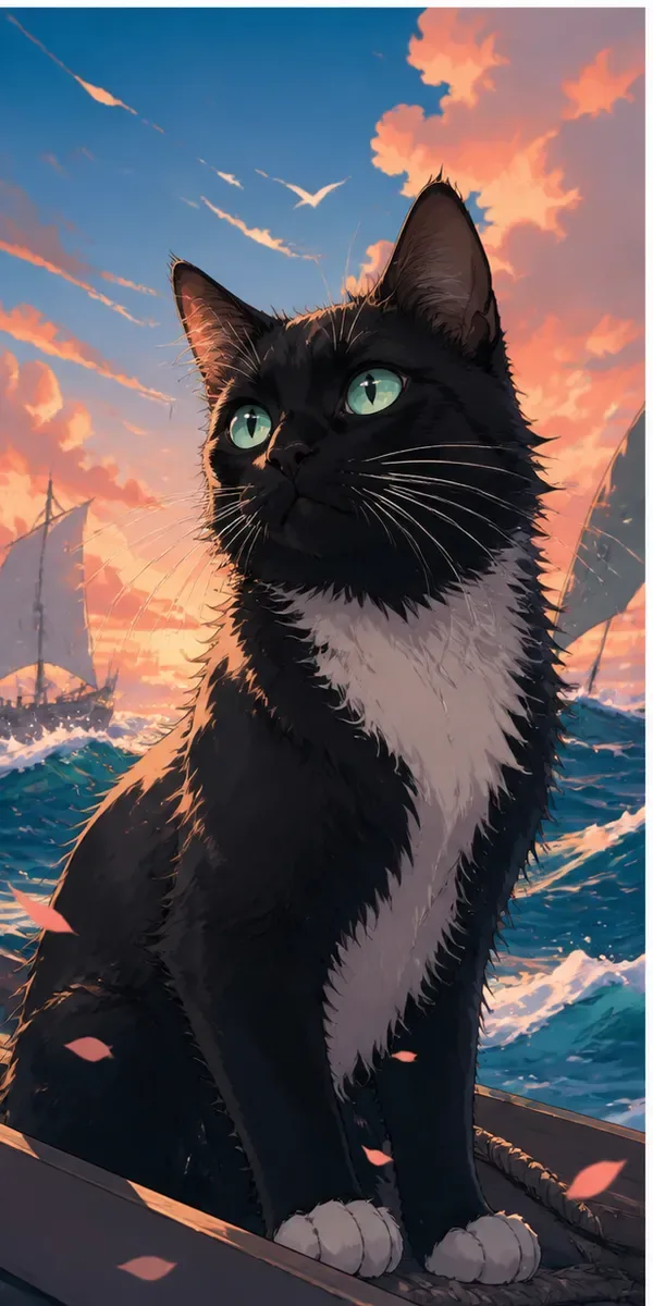 Custom anime-style portrait of a tuxedo cat at sea during sunset